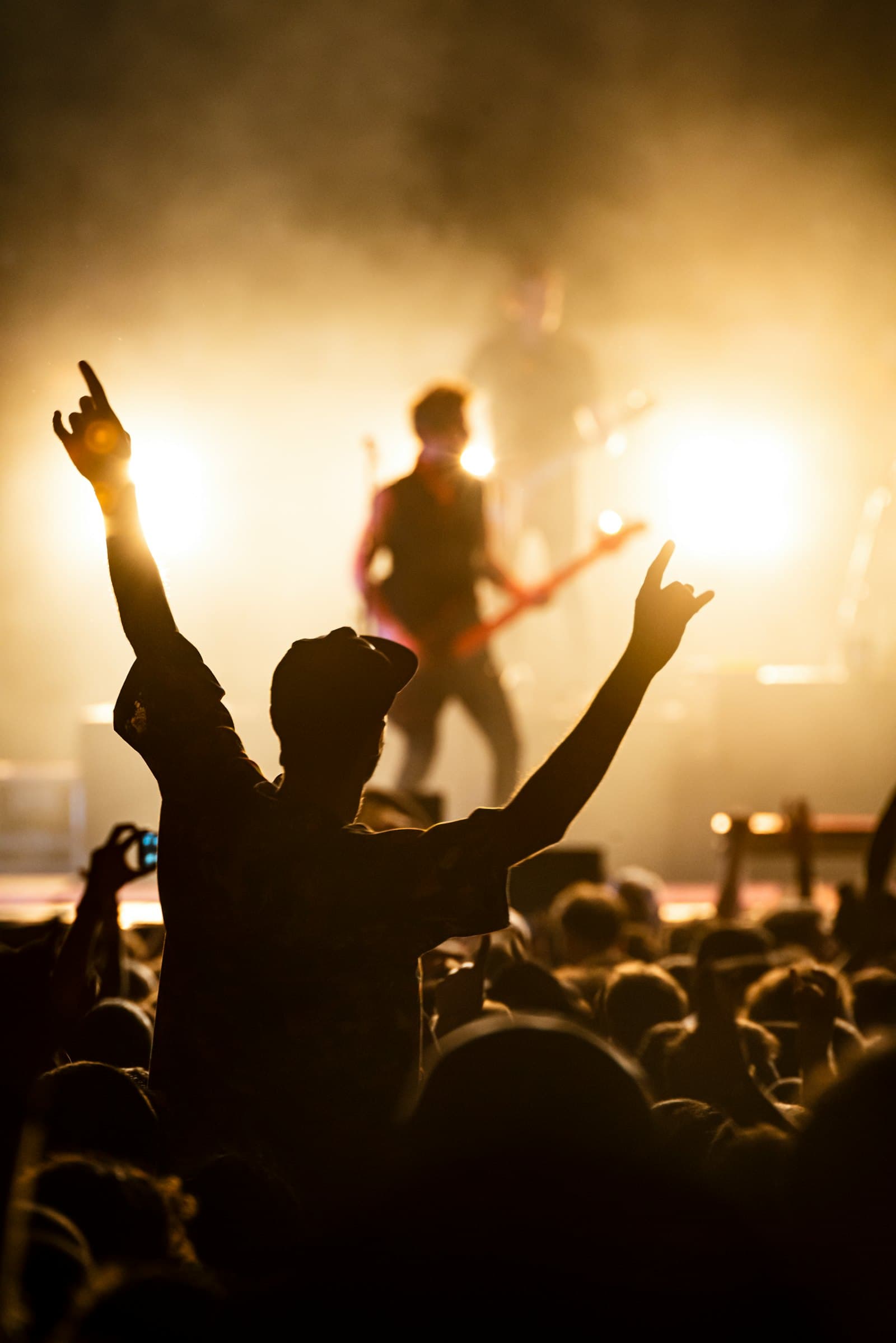 A fan with both arms raised in a crowd, a guitarist lit by warm stage lights behind